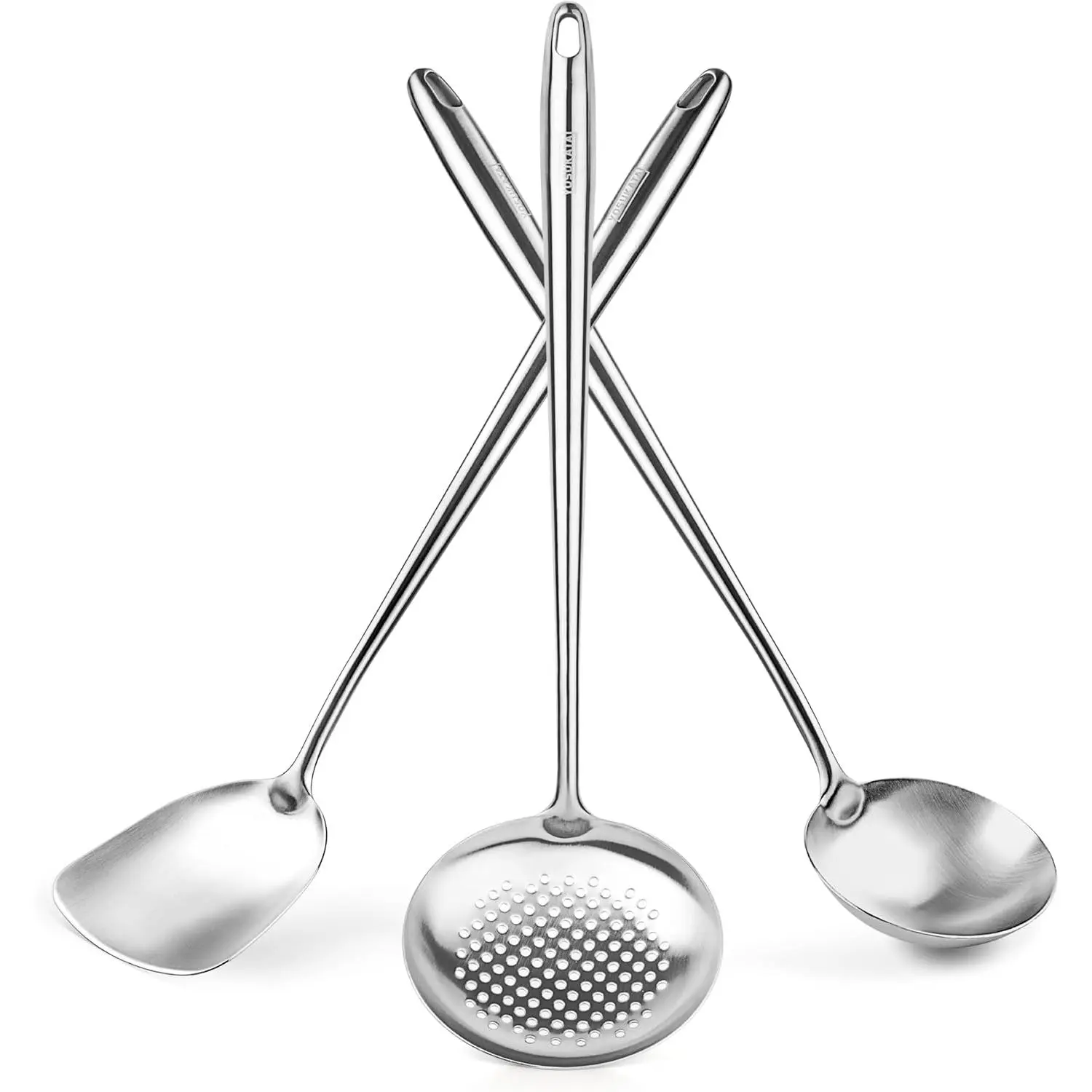 17" Wok Spatula and Ladle Skimmer Spoon - 304 Stainless Steel Cooking Utensils Set of 3, Dishwasher Safe Wok Accessories Kitchen Cooking Tools