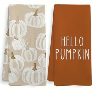 Set of 2 Fall Pumpkin Kitchen Towels & Dish Cloths, Deep Cream Decorative Hand Towels, Perfect Gift for Bathroom & Kitchen