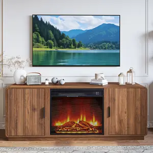 Giratree 60" Mid-Century Modern Fireplace TV Stand with 23" Electric Fireplace Heater, Fluted Wood Entertainment Center for Living Room TVs up to 75"