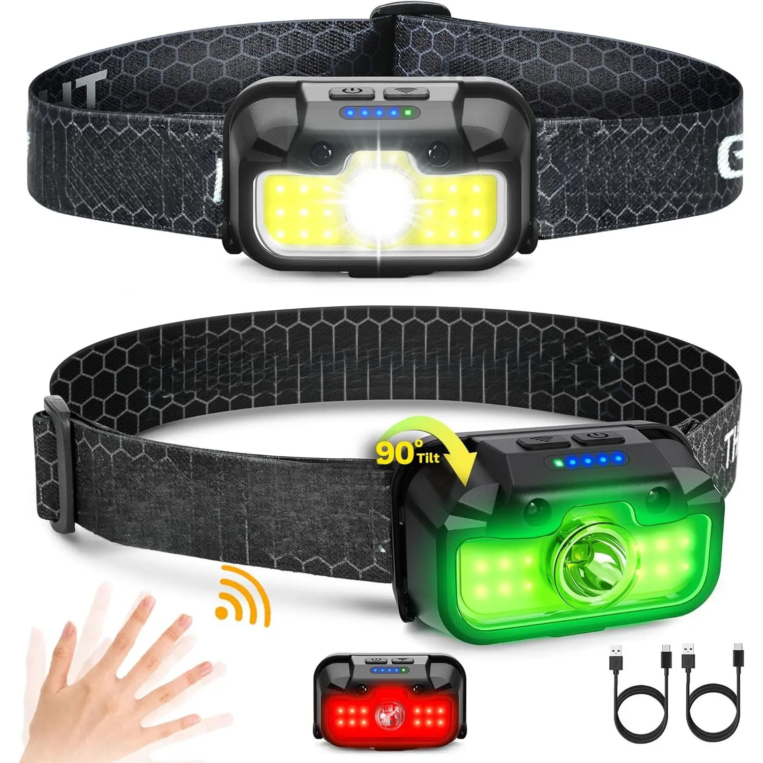 2 Pack Headlamp Rechargeable, 1300 Lumen Lightweight Bright with White Green Red Headlamp Flashlight, Waterproof Head Lamp,14 Modes  Outdoor Camping Running Cycling