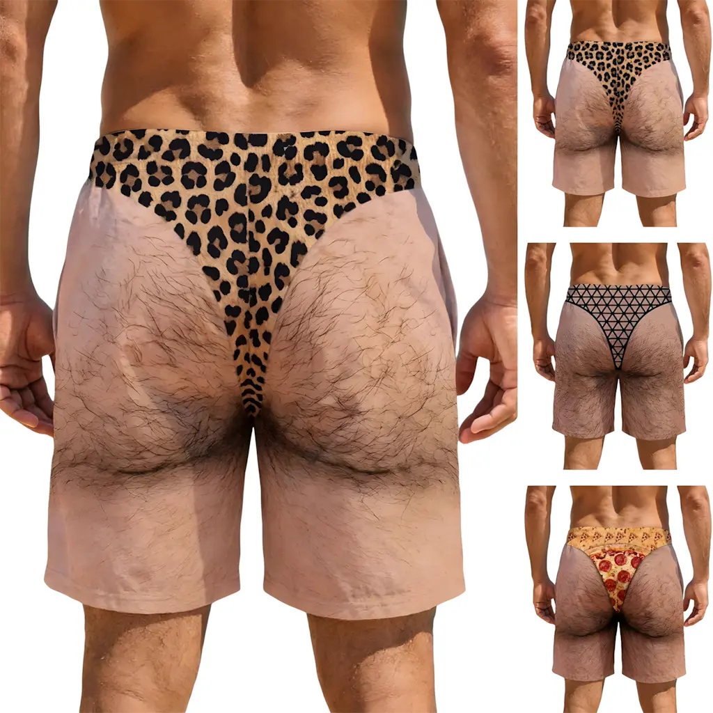 The Cheeky Commando Novelty Prank Swim Trunks | Funny 3D Hairy Legs Fake Briefs Beach Shorts, Men Gag Gift for Husband, Son, Grandson