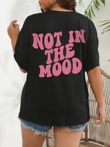 Plus Size "NOT IN THE MOOD" Cartoon Letter Print Round Neck Tee, Graphic Tees, Plus Casual Half Sleeve Crew Neck T-Shirt for Daily Wear, Women Plus Clothing for All Seasons, Streetwear, Summer