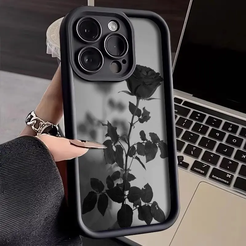 Gothic Chic Black Flower Pattern iPhone Protective Case - Shockproof Soft Casing, Cover for iPhone 13-17 Pro Max, Mobile Phone Accessories, Holiday Gift, Iphone 17