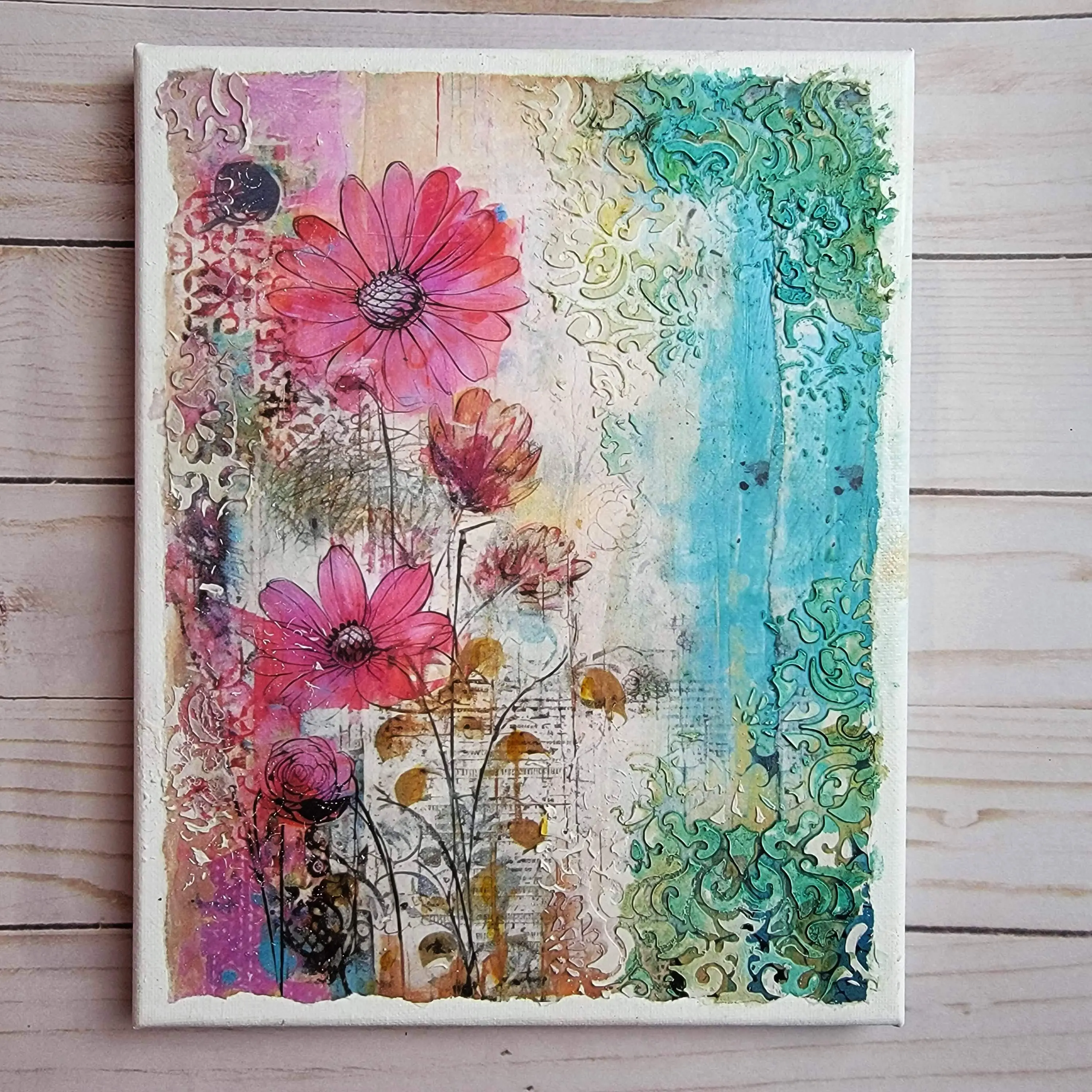 Pink Flowers Original mixed media art canvas | mixed media | Collage art | Original art 8x10 | 06