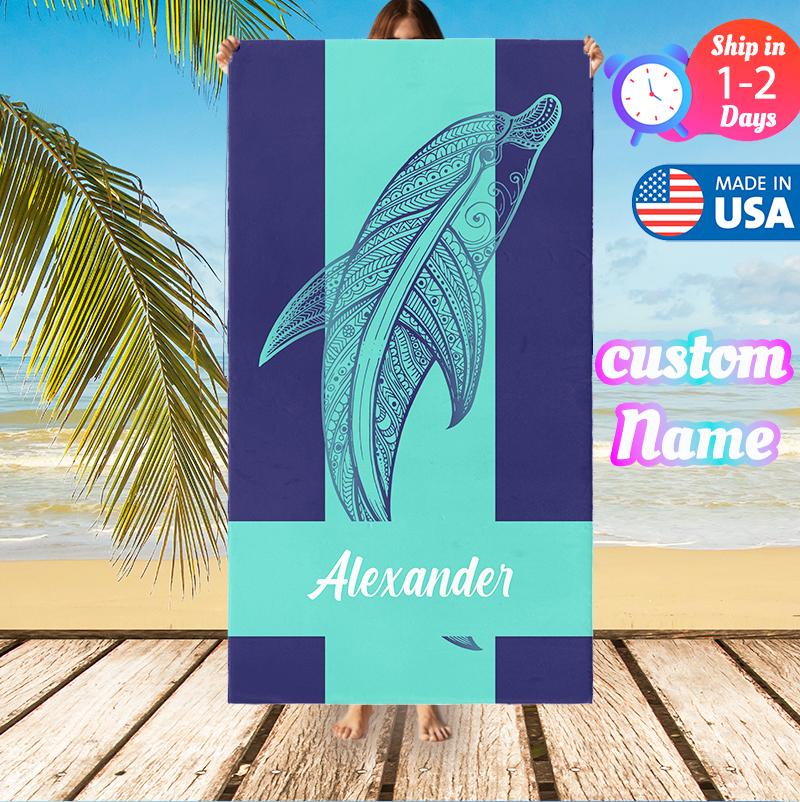 Personalized Tropical Animal Beach Towel, Custom Name Ocean Summer Pool Towel for Kids