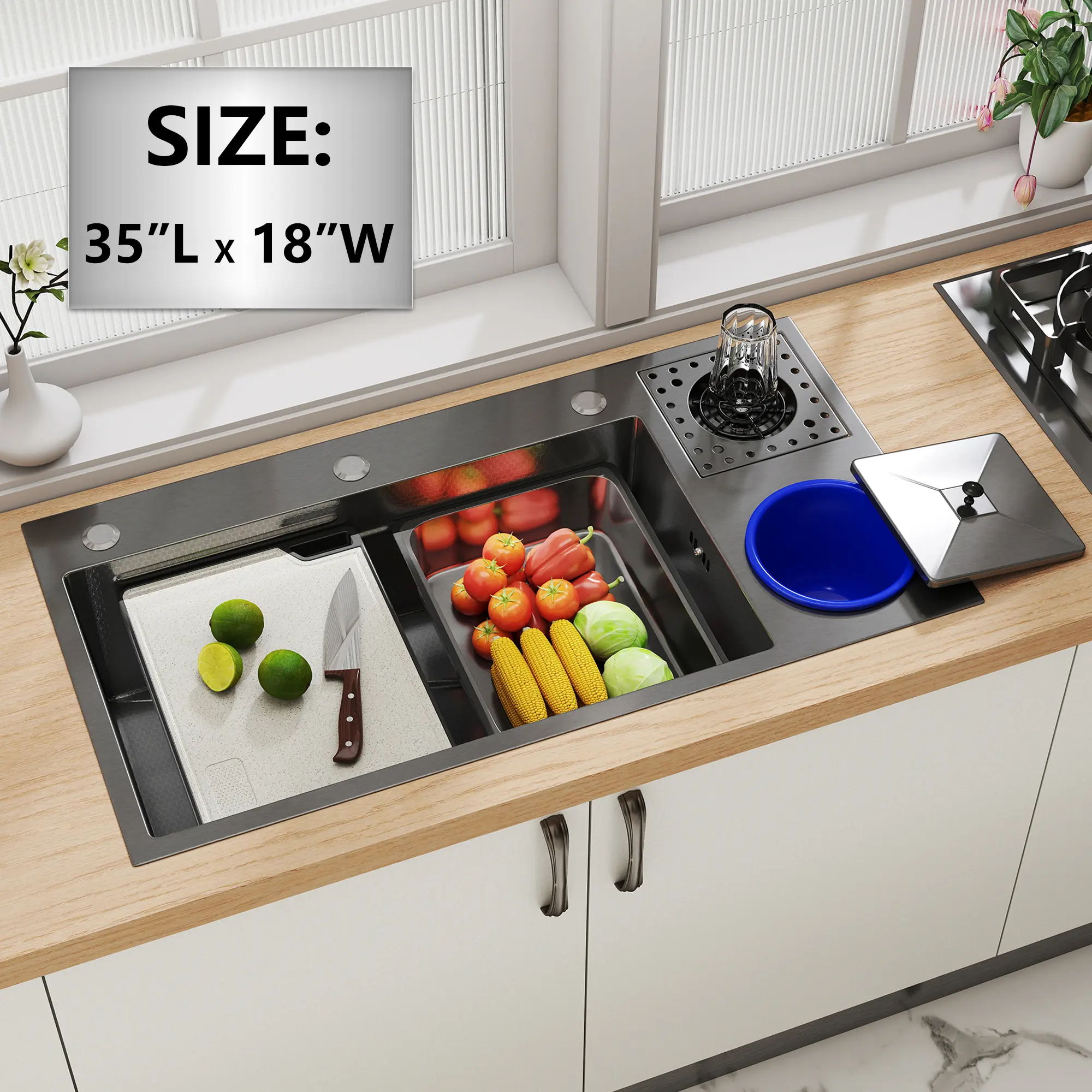 35 " black Nano Stainless Steel Workstation Kitchen Sink Undermount Single Bowl Deep Basin Sink with Cutting Board, Glass Rinser, Drain Basket, Complete Accessories for Modern Kitchen Prep Washing