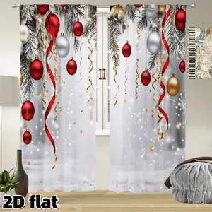 2D Flat 2Pcs Christmas Festive Ornaments Curtain Panels Red Gold Silver Baubles Pine Branches Ribbon Design Rod Pocket Semi Sheer Polyester Holiday Theme Window Treatment for Living Room Bedroom Home Decor Privacy Protection Home Decoration Curtain