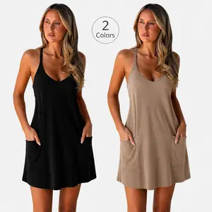Women’s 2-Color Spaghetti Strap Sleeveless V-Neck Tank Dress, Soft Loose-Fit A-Line Solid Basic Feminine Mini Dress with Pockets, Adjustable Casual Wear Everyday Summer Beach Sundress