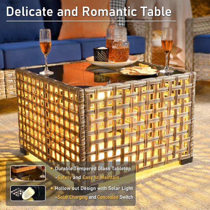 【4 Packages Shipping】Ovios 5 Pieces Outdoor Patio Furniture with 3-Seat Sofa,Rattan Wicker Coversation Set with Swivel Rocking Chair,Balcony Sofa Set with Shiny Solar Powered Coffee Table for Outside Porch Backyard PooL