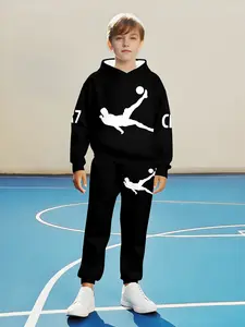 Boys' Hooded Sweatshirt Set, Casual Fitted Style, Regular Length, Minimalist Design, Fall & Winter Fashion