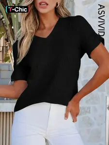 Women's casual solid color V neck textured knitted T shirt with a regular shoulder line Cute