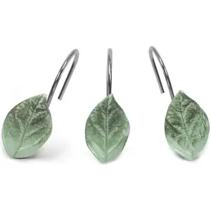 P-BS037   12PCS Leaves Shower Curtain Hooks, Decorative Shower Curtain Rings, Green Plant Leaf Shower Hooks Rustproof Stainless Steel, Bathrom Decor (Leaves) Gift Hanging