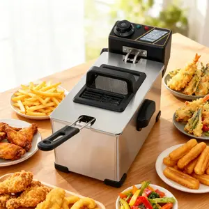 3.5L Stainless Steel Electric Oil Pan 118.35 oz Large Capacity Adjustable Temperature Window Lid Frying Basket 2000W 200°C for Cooking Chicken Shrimp French Fries Easy Clean Household Cookware Christmas Gifts Grade Ice Shaver and Crusher detachable Air Fr