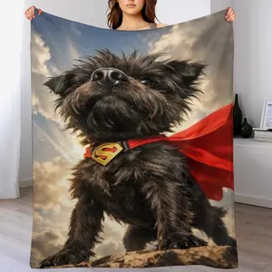 Super-Cute Black Puppy Transforms into Superman: Fun, Hero-Themed Flannel Wall Tapestry & Pet Blanket