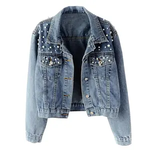 Women's Fashion Loose Embroidered Pearls Beading Cropped Denim Jacket Jean Coat TikTokShopBlackFriday