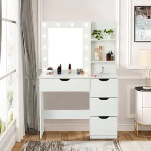 【GARVEE】Makeup Vanity with Illuminated Mirror, 4 Drawers, Electric Strip Lighting, 3 Light Colors, White Finish - Stylish and Functional Makeup Station