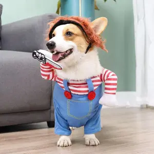 Funny Chucky Dog Costume with Pet Wig, Cosplay Scary Outfit with Knife, Creative Pet Costume for Small Medium and Large Dogs Cats Puppy