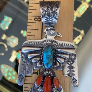 Huge Thunderbird Pendant by Richard Yazzie Sterling Coral & Turquoise