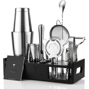 Shaker Set Drink Mixer Bar Accessories - 15 count Mixology Bartender Kit Includes Boston Shaker,  Jigger, Strainer, Bottle Opener,  Mixing Spoon - Handcrafted  Stand
