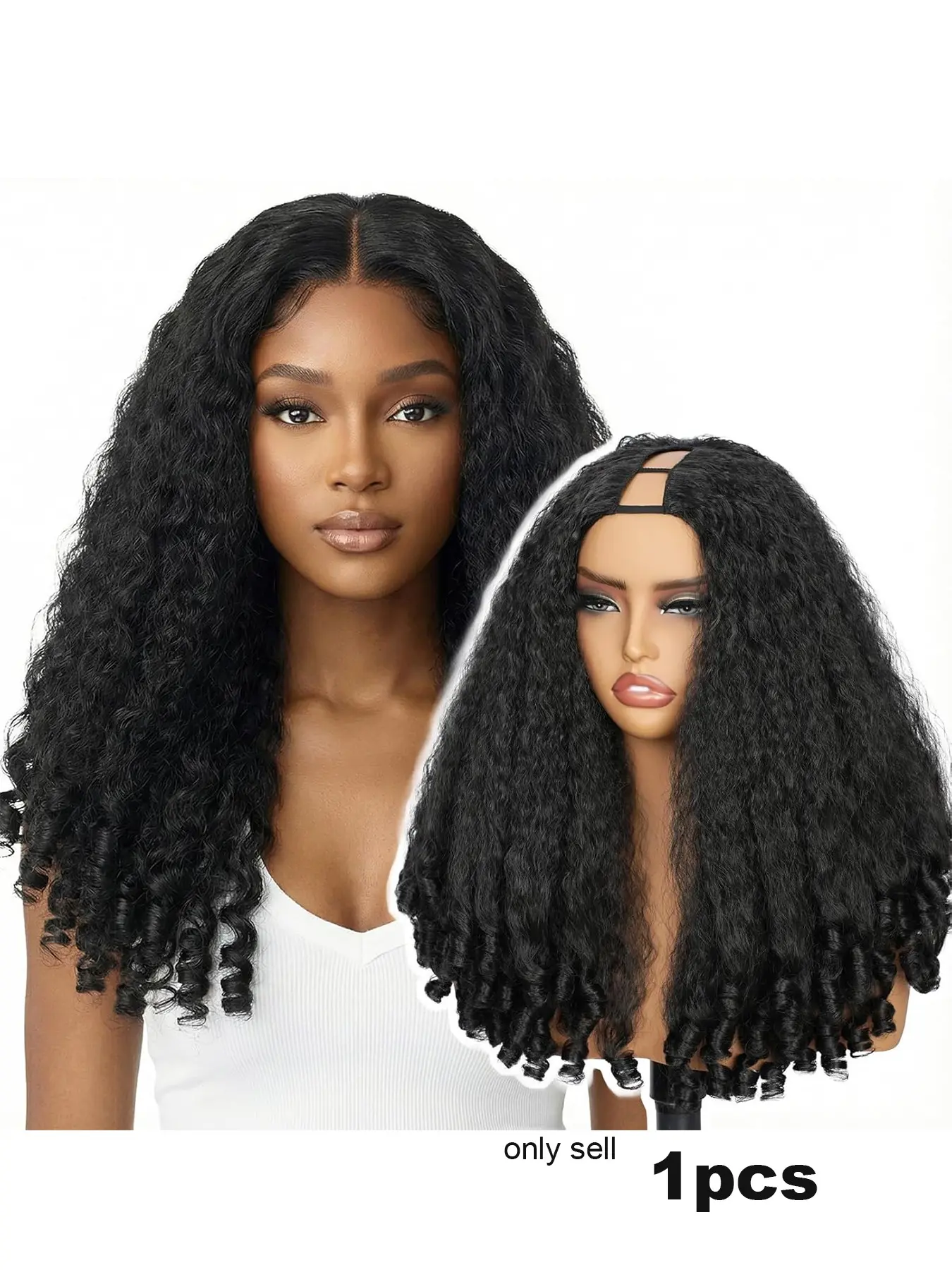 V Part Wig Afro Curly Wig, 1b 24 Inch Synthetic V Part Wig for Women, Half Wig Kinky Curly U Part Wig, Glueless Hair Wigs with Curly Ends, Glueless Wear Wig