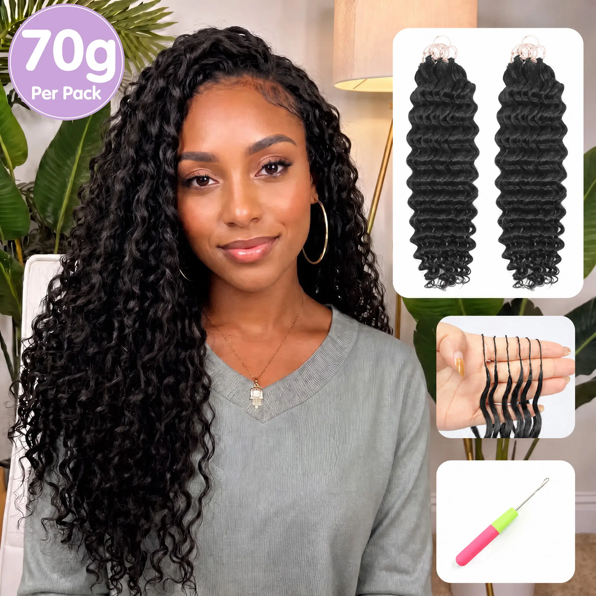 PDFZ Feather Crochet Hair | 70g/Pack(Buy Crochet Hair Get Free Bob Wig), Breathable Miracle Knots Raw Human Hair Extensions, Deep Wave Water Wave Summer Style with Gifted Crochet Needle campingessentials