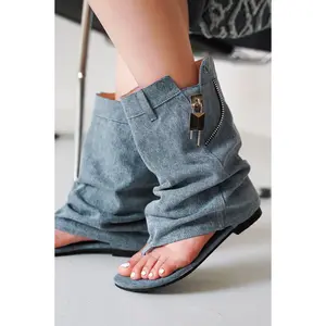 Sari Slouchy Sandals With Zipper Detail - Denim