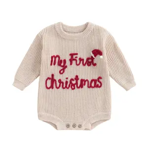 My First Christmas Baby Girl Boy Sweater Bubble Rompers Santa Hat Embroidery Chunky Knit Sweater Oversize Onesie Knitted Long Sleeve Bodysuit Cute Infant Xmas Holiday Photo Winter Clothes