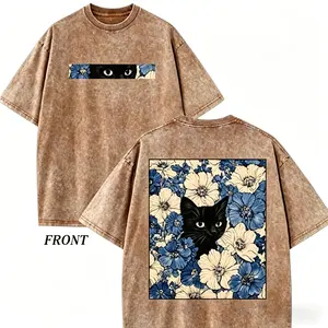 Retro Washed T-Shirt Double Sided Printed (230 Pure Cotton T-Shirt) 'Cat In The Flowers'  Cat And Flowers Pattern Print, Mens TShirt, Mens Shirt Casual, Comfortable, Fashionable T-Shirt, Street Style Cotton