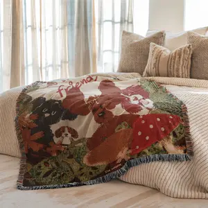Multi-Function Tassel Woven Blanket Cute Little Dogs Pattern Bed Blanket, Also for Sofa Cover Couch Throw Blanket Armchair Home Decor Room Wall Art Tapestry Furniture Slipcover Tablecloth Shawl Outdoor Picnic Camping Beach Towel Office Nap Hippie