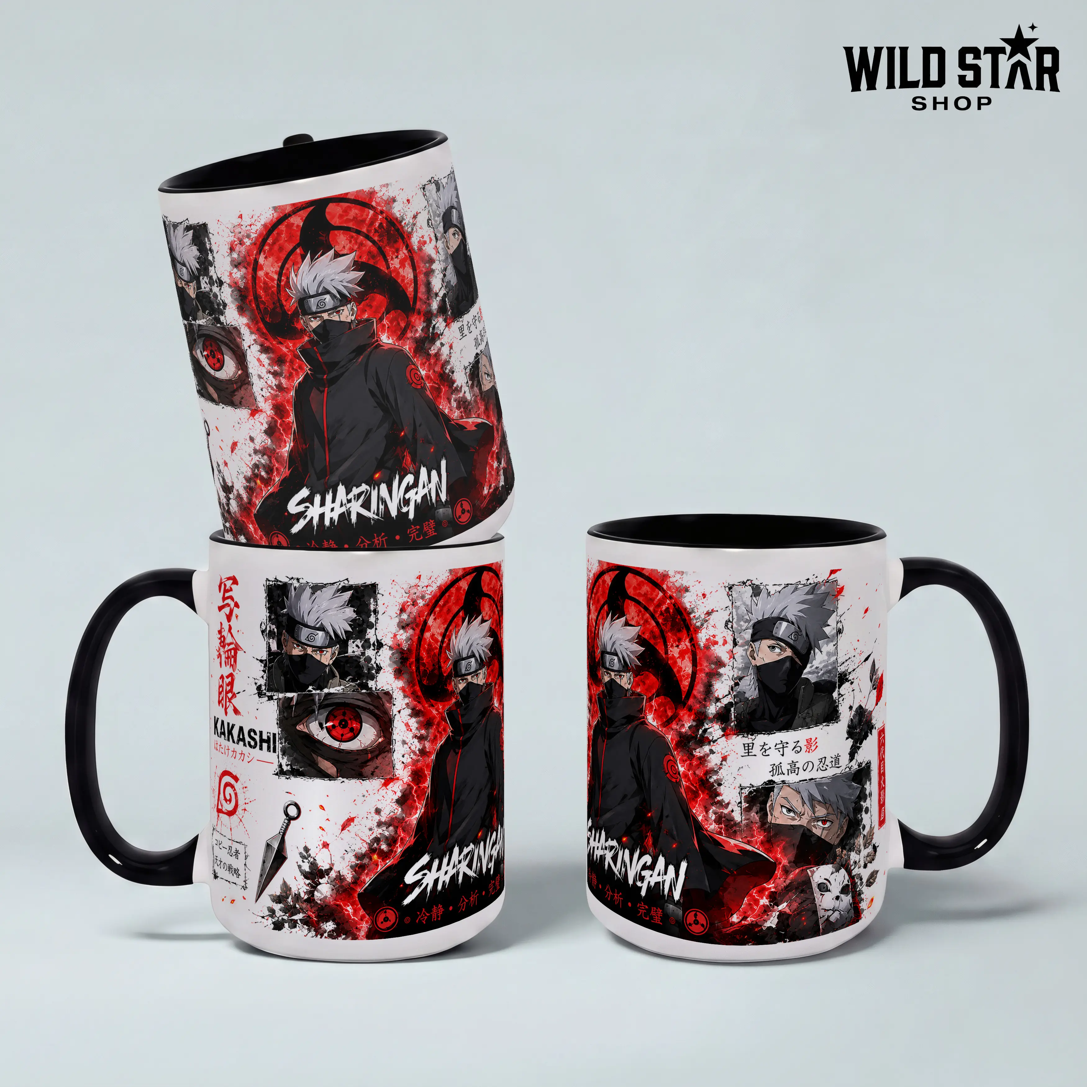 Kakashi Hatake Sharingan Mug – Intense Red Eye Ninja Anime Coffee Cup, 11oz & 15oz Black Handle Ceramic Mug, Naruto Fan Gift