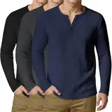 Gihuo 3 Pack Mens Waffle Henley Shirts Long Sleeve Cotton Casual T-Shirts Lightweight Thermal Undershirts Menswear Tops Hoodie Wetsuit Sweatshirts Sweater