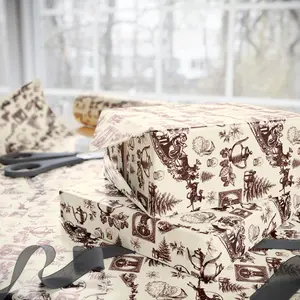 Dark Brown Christmas Toile Wrapping Paper, Santas Sleigh, Reindeer, Teapots, Nutcrackers and More