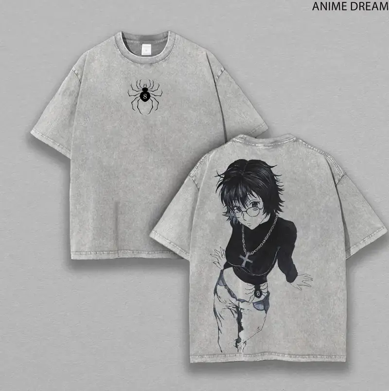 Shizuku Hunter X Hunter, Phantom Troupe Anime Double Printed Vintage Washed Tee Unisex Oversize Heavyweight Cotton T-shirt for Anime Fans and Lovers