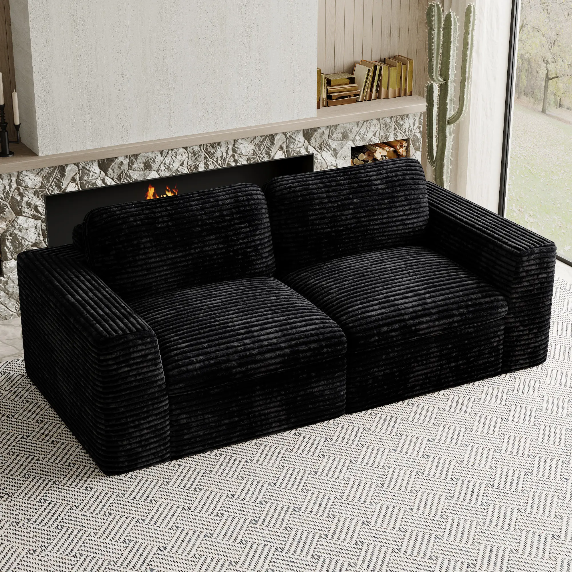 [Summervibes]Belffin Boneless Loveseat Sofa – Plush Corduroy Modular Cloud Couch with Deep Seat, Cozy & Space-Saving Sectional for Living Room or Apartment, Black