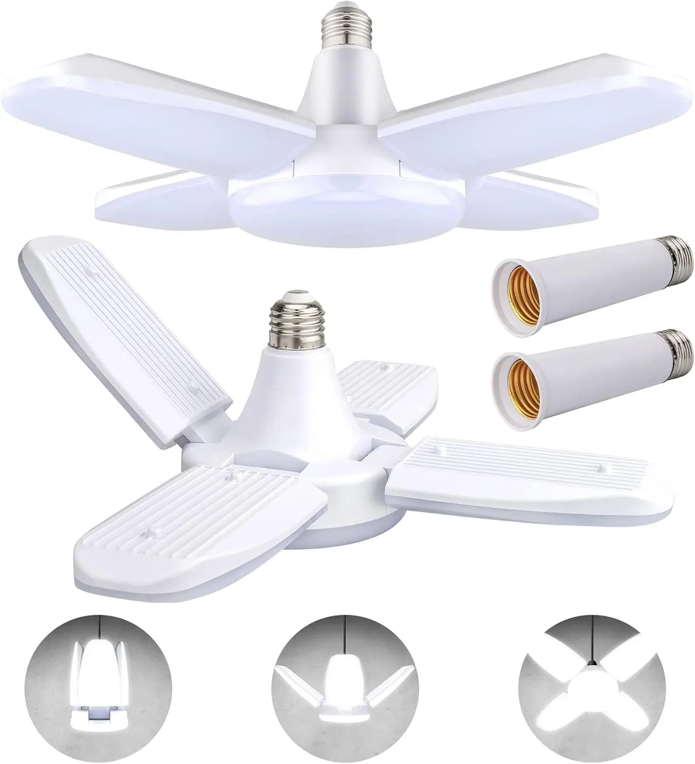 Bluetooth-Enabled LED Garage Ceiling Light 2-Pack, 100W 10000LM 6500K E26/E27 Plastic Fixture with 4+1 Adjustable Panels, Modern Indoor Basement Workshop Traditional Light Replacement (M-4 Panels)