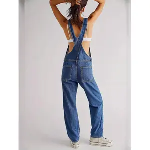ELEGANT APPAREL CO. 1pc Women's Loose Fit Denim Bib Overalls Jumpsuit - Straight Wide Leg Baggy Jean Style with Pockets, Machine Washable Casual Spring Summer Fall Outfit, Sizes S-XXL