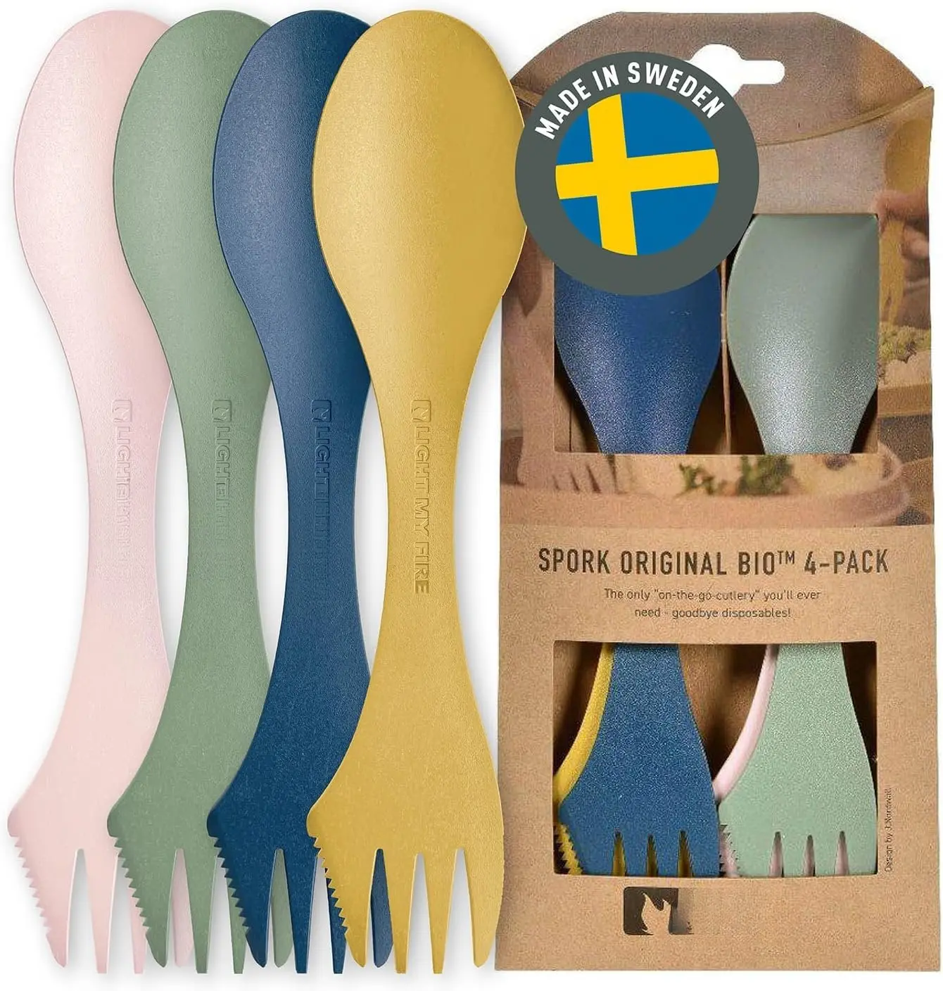 4-Pack 3-in-1 Bio-Based Plastic Spork Set - Camping Enthusiasts’ Dinner Cutlery, Easy-to-Clean Kitchenware for Camping, Nature Adventures