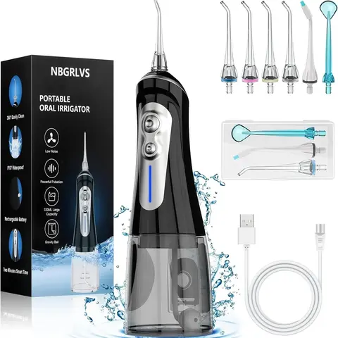 Cordless Water Flosser for Adults - Adjustable Speed Plastic Oral Irrigator with Built-in Batteries, Rechargeable USB-Port, 5 Modes, 6 Nozzles, 320ml Tank, Fast-Charging Teeth Cleaning Tool for Braces, Home/Travel, Cordless Water Flossers