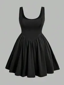 Plus Size Summer Casual Solid Color Sleeveless Cinching Waist Dress