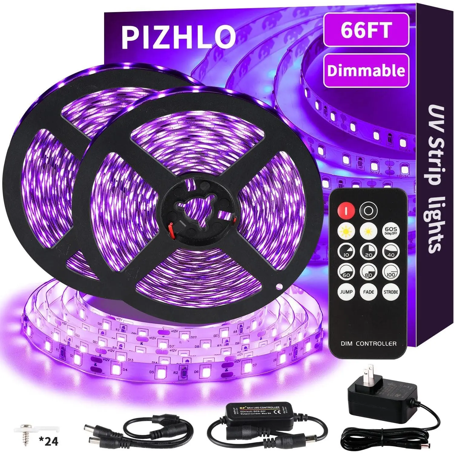 66 Foot Black Light Strips & Remote, Dimmable Flexible Blackights Strip Lights for Glow Party Body Paint Birthday Bedroom Room Fluorescent Tapestry Poster, Non-Waterproof 1200 LEDs 66ft/20M