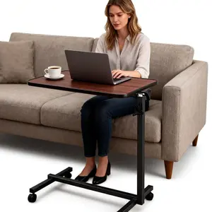 Overbed Bedside Table With Wheels Tiltable Hospital Bed Over The Pneumatic Adjustable Rolling Laptop Desk Mobile Standing For And Home Use (Walnut) Tilting & Brake - Dark Wood Grain Bedside and Recliner Fashion Accessories