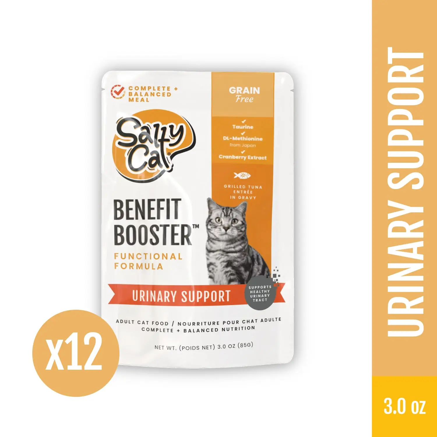 Salty Cat Benefit Booster Urinary Support Grilled Tuna Entrée in Gravy, 85g x 12 Pouches – Wet Cat Food with DL-Methionine & Cranberry Extract for Uri