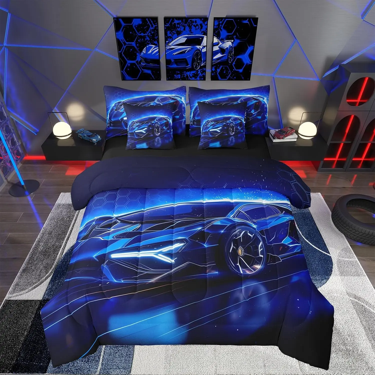 Feelyou 7-Piece Microfiber Boys Bedding Set, Blue Race Car Print Comforter Set with Sheets, Extreme Sports Themed Bed-in-A-Bag Including Breathable Blanket, Microfiber Bedding Set