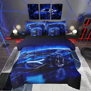 Boys Sports Car 7 Piece Bedding Set,Blue Race Car Comforter Set with Sheets,Extreme Sports Theme Bed in A Bag,Speed Luxury Car Bed Set