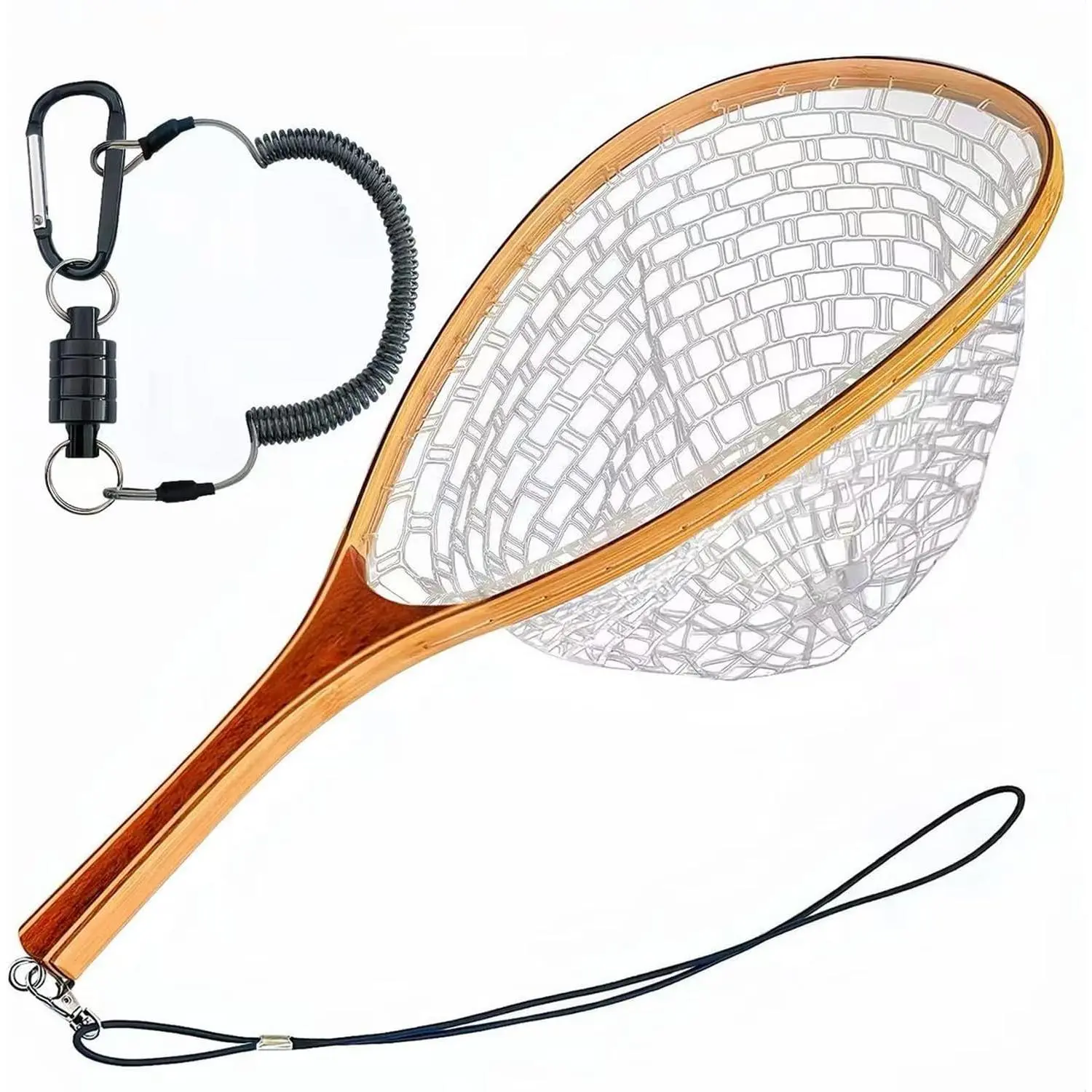 Fly Fishing Net Landing Trout Net Bass Soft Rubber Catch and Release Fish Net with Wooden Handle Frame Magnetic Fly Fishing Accessories Fly Fish Net