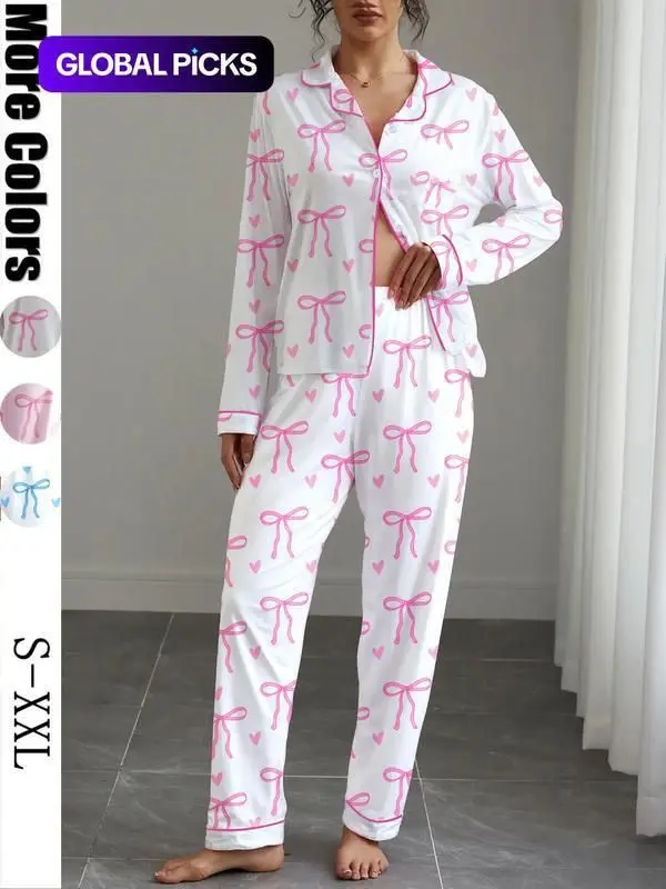 Women's Cute Bow Print Fitted Pajama Set, Fall & Winter Casual Homewear Loungewear Pjs Set Nightwear, Soft Elastic Fabric, Long Sleeve Shirt Collar Top & Pants