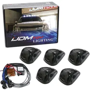 iJDMTOY 5pc Set White LED Illuminated Smoked Lens Cab Roof Clearance Lights w/Strobe Flash Blink Feature, For Ford F250 F350, Dodge/RAM, Chevy/GMC Trucks