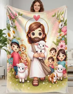 Cute Chibi Jesus Blanket, Adorable Lambs and Children Print Religious Christian Faith Art Pastel Floral Graphic, Sunday School Room Decor Gift for Kids Toddlers Mom, Easter Christmas Baptism Present, Super Soft Cozy Fleece Flannel Throw