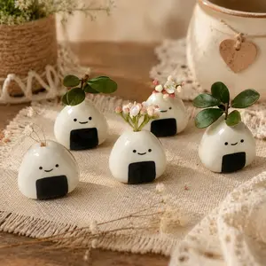 MOUGIGI 5 PCS Mini Flower Vase, Handmade Ceramic Rice Ball (Japanese Onigiri) Miniature Vases, Charming and Cute Design, Perfect for Dry Flowers - Bulk Bud Vases, Unique and Adorable Japanese Craft