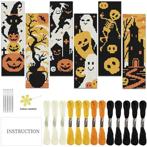 6counts Halloween theme Cross Stitch Bookmark handmade Kit - Embroidery DIY Kit with cat, skeleton and ghost patterns - suitable for adult beginners, book lovers and fabric sewing lovers - can be used as small decorative -unique campus and birthday gifts
